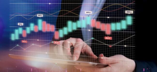 Trader analysant graphiques financiers et signaux d'achat/vente pour le trading du blé sur interface numérique